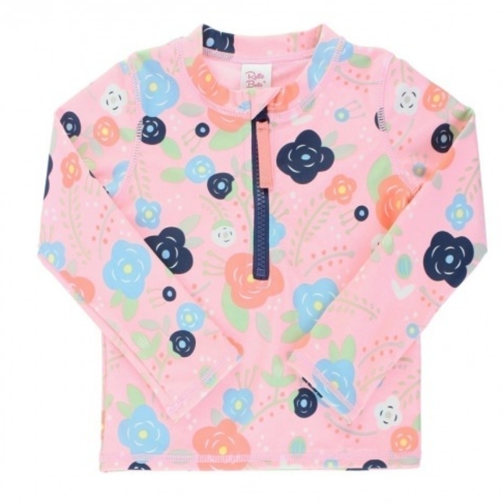 EUC Bouncing Blooms Long Sleeve Zipper Rash Guard Swim Top Floral Pink Girls 2T
